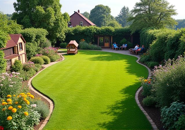 Grand jardin avec une pelouse et des parterres de fleurs